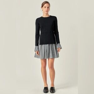 English Factory Twofer Layered Mixed Media Gingham Check Sweater Mini Dress XS